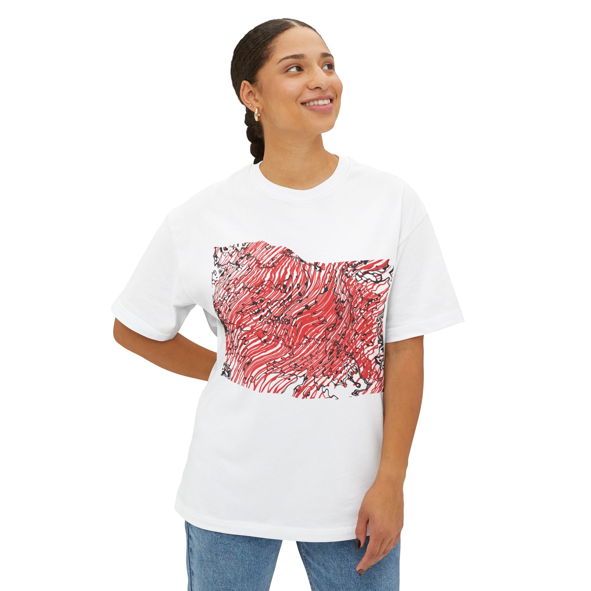 Abstract Red Wave Tee — Oversized Boxy T-Shirt